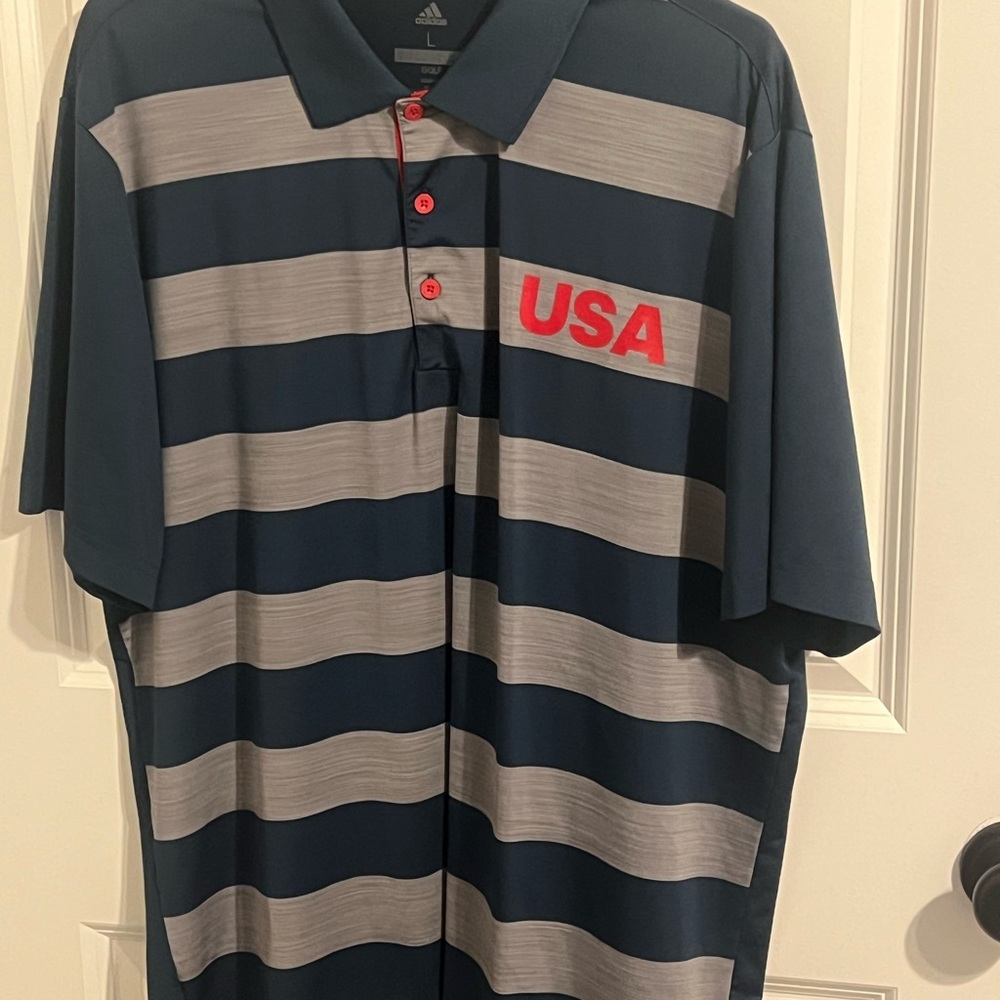 Adidas Men's - USA - Navy and Gray Striped Athletic Golf Polo Shirt